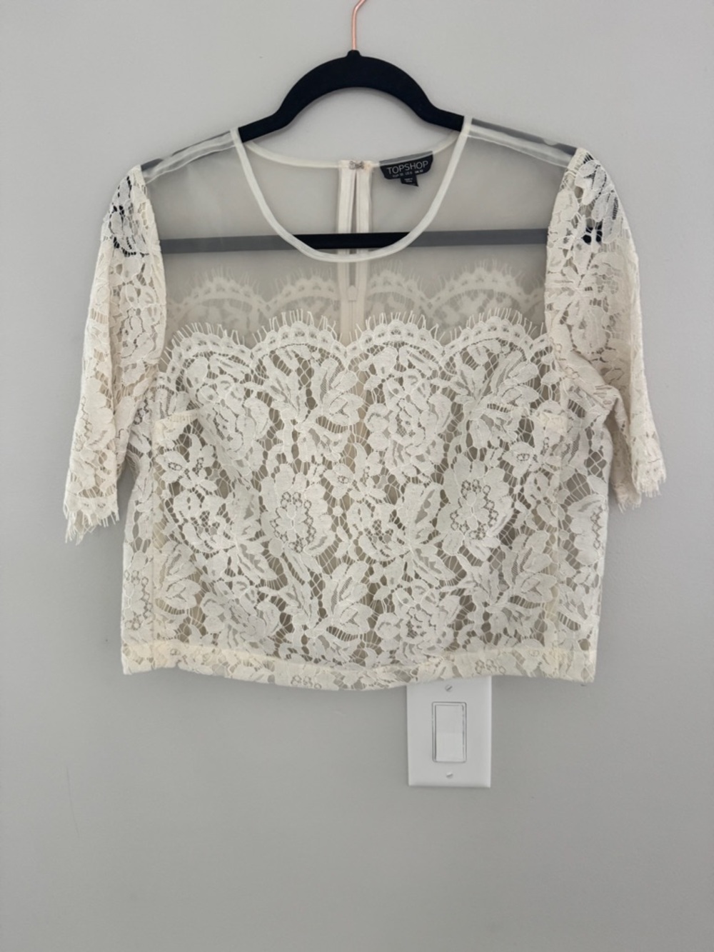 Topshop Cream Lace Short Sleeve Overlay Crop Top